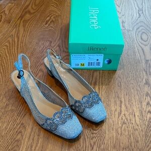 J.Renee Crystal Silver Faleece Pewter Mesh Slingback Heels, Size 10